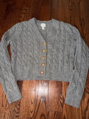 H&M Gray Cable Knit V-Neck Cardigan with gold Buttons